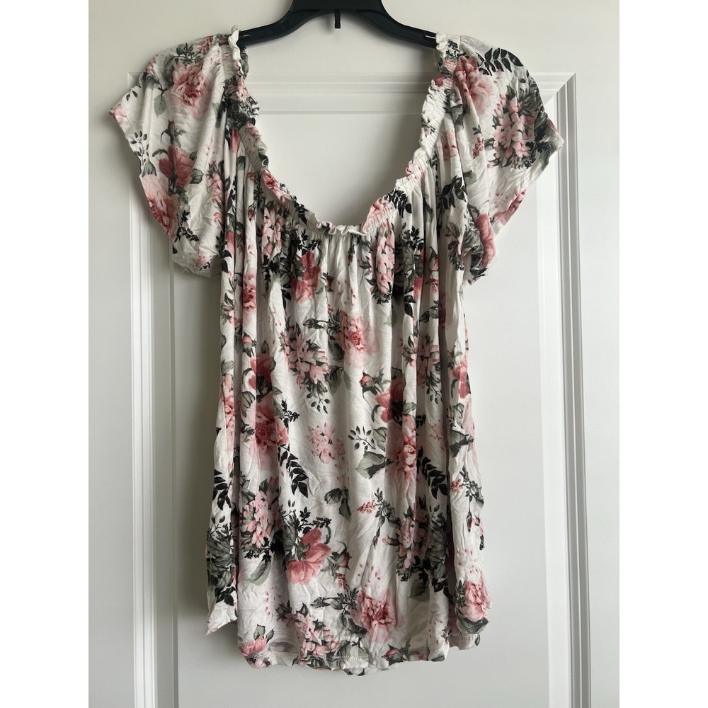 Rue + Women's Floral Ruffle Short Sleeve Blouse 2X